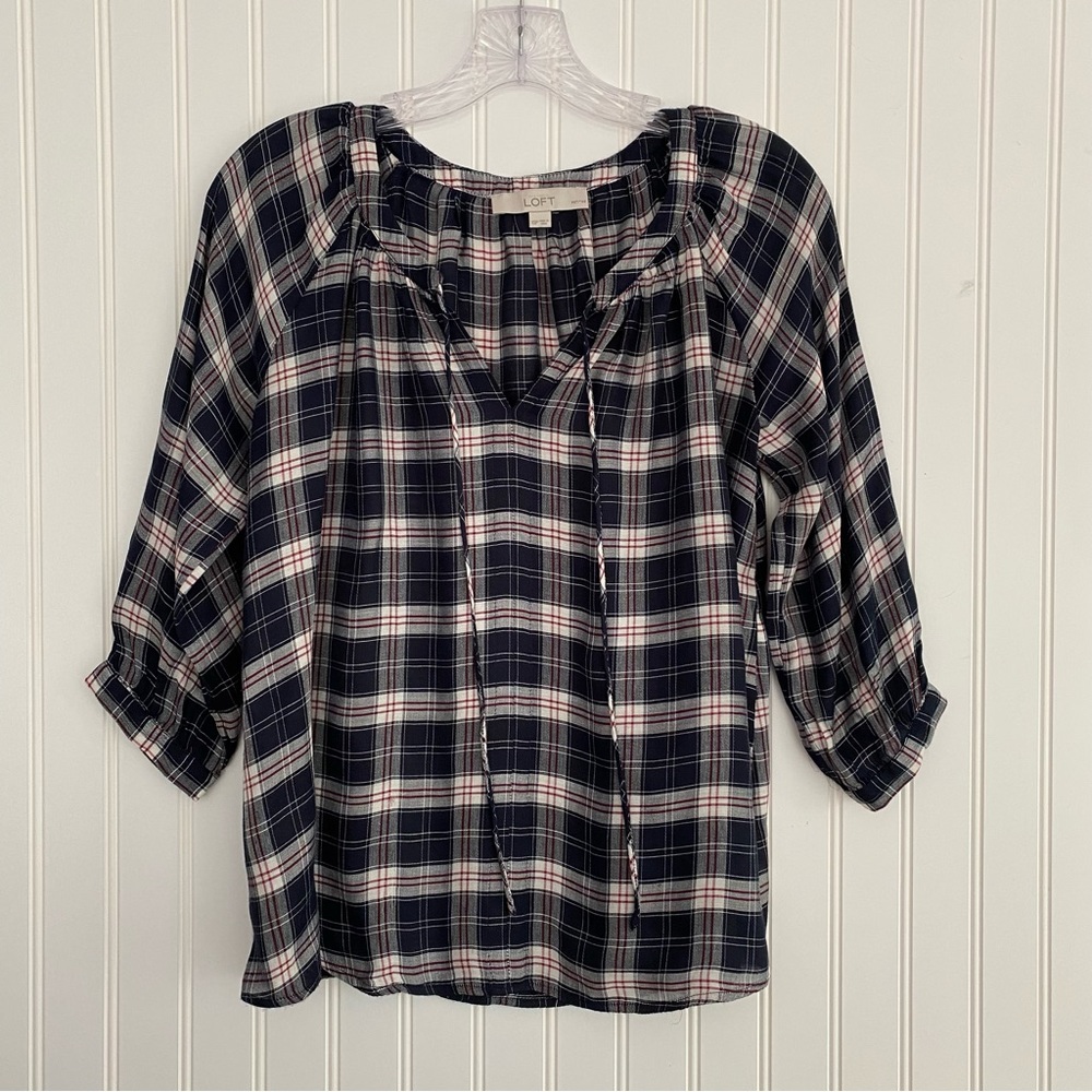 LOFT Ann Taylor petites boho style navy plaid top SIZE XSP